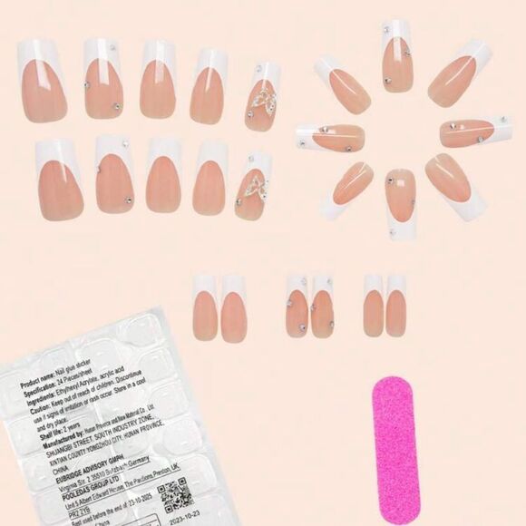 Y2K 24 Piece White French Tip Butterfly Rhinestone Square Press On Nails - Picture 3 of 9